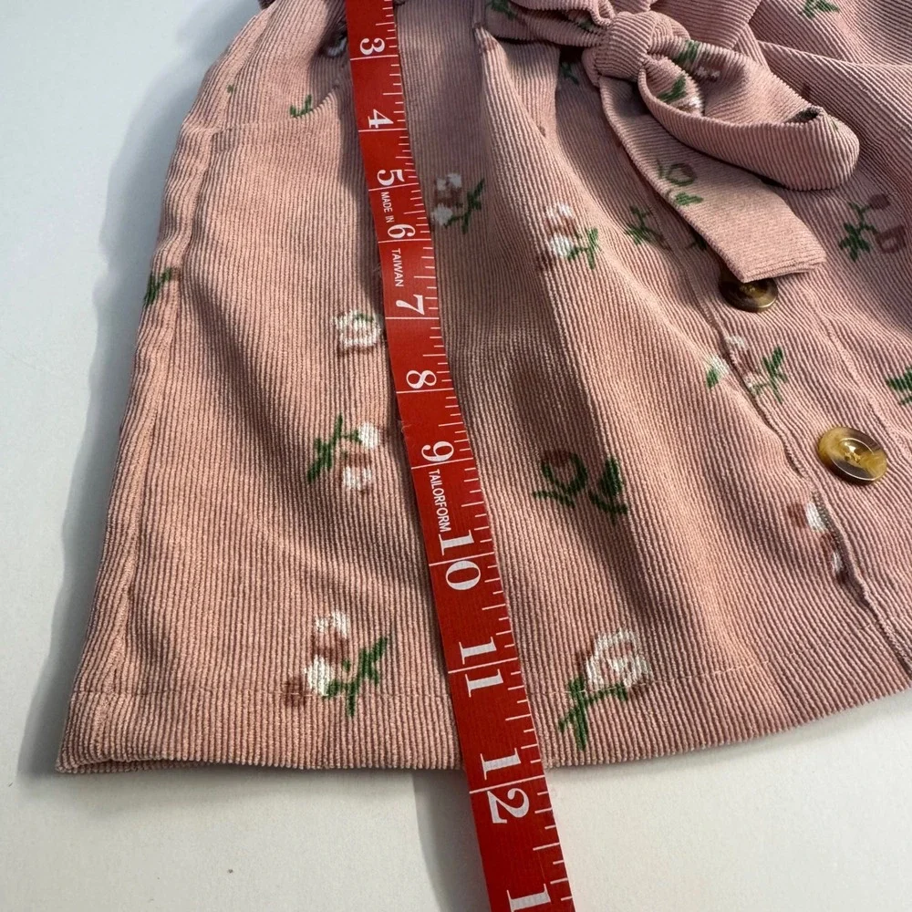 Girls Pink Corduroy Floral Paperbag Waist Button Front Skirt Size 4